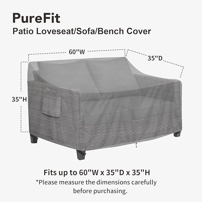 PureFit Outdoor Couch Cover Waterproof Patio Sofa Furniture Covers, 2-Seater Outdoor Loveseat Cover with Air Vent and Handles, 60W x 35D x 35H Inches, Gray