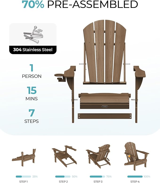 Ciokea Folding Adirondack Chairs Set of 2, Patio Adirondack Chair Weather Resistant, Plastic Fire Pit Chair with Cup Holder, Lawn Chair for Outdoor Porch Garden Backyard Deck, Brown