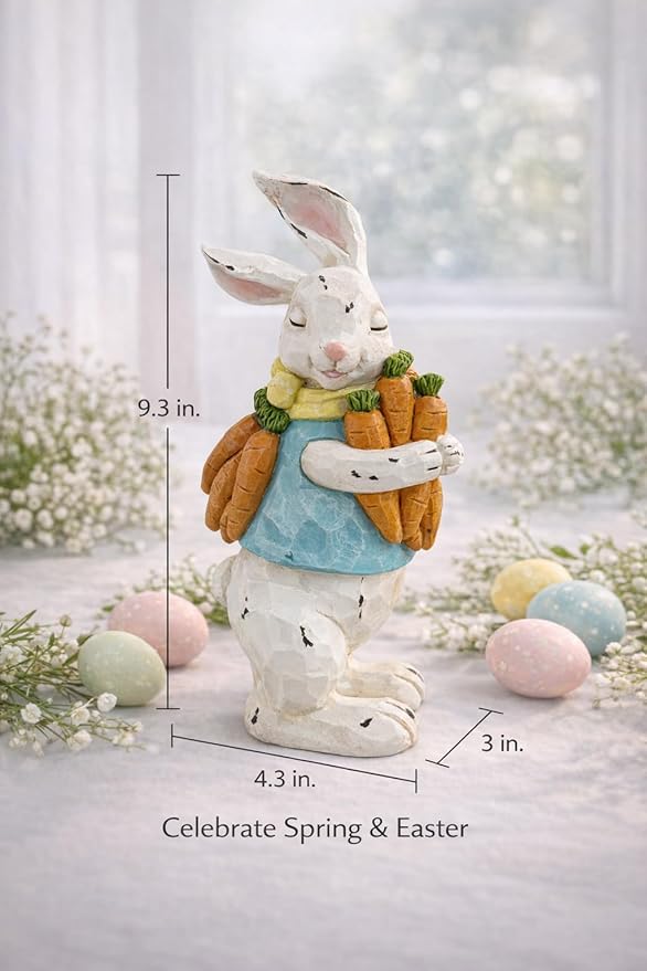 GoGnome Easter Decorations Bunny Resin Figurine with Carrots – 9.3'' Hand-Painted Rabbit Outdoor Statue, Spring Farmhouse Garden Decor for Easter, Mantel, Shelf, or Gift (White/Blue/Orange)