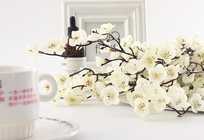 5 Pcs Artificial Plum Blossom Fake Wintersweet Long Stem Plastic Flowers Home Hotel Office Wedding Party Garden Decor 27.5'' High White