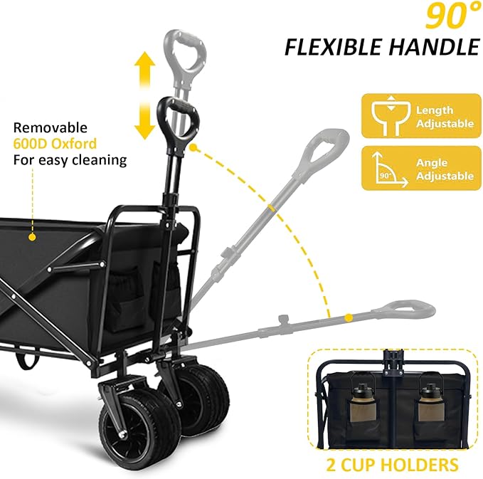 Heavy Duty Collapsible Wagon Cart with Wheels - Large Capacity Foldable Portable Utility Wagon for Grocery, Beach, Camping & Sports Shopping, Black