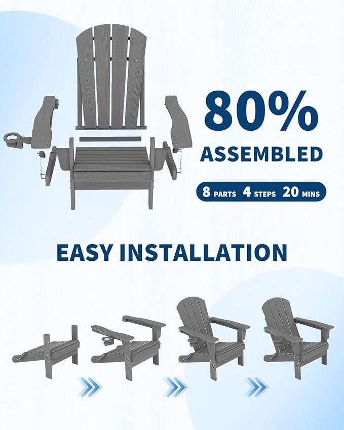 GarveeLife Folding Adirondack Chair Set of 2, All-Weather HDPE Outdoor Chair, Wooden Textured with Cup Holder for patios, Decks, Gardens, fire pits, Grey