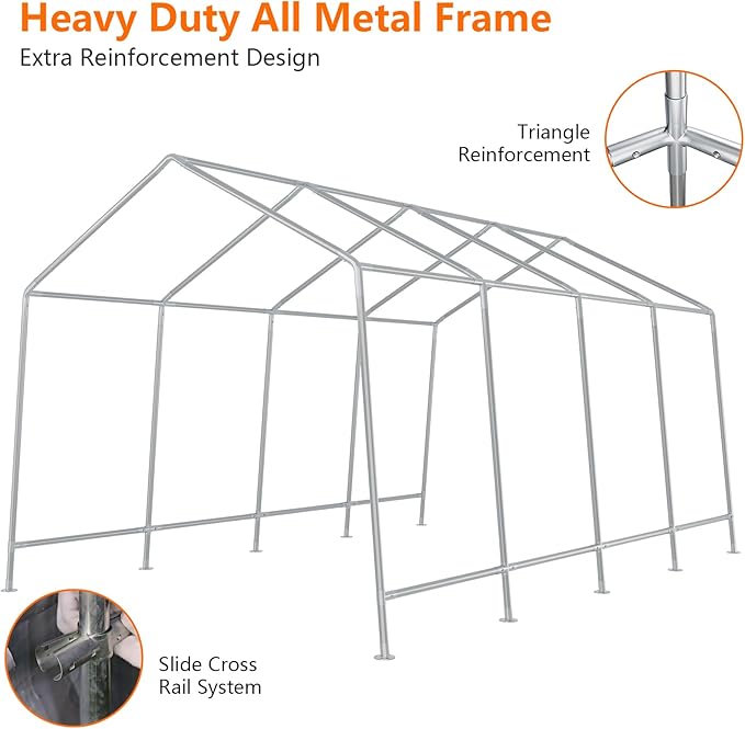10'x10' All Season Heavy Duty Grey PE+Steel Carport, Waterproof Outdoor Storage Tent