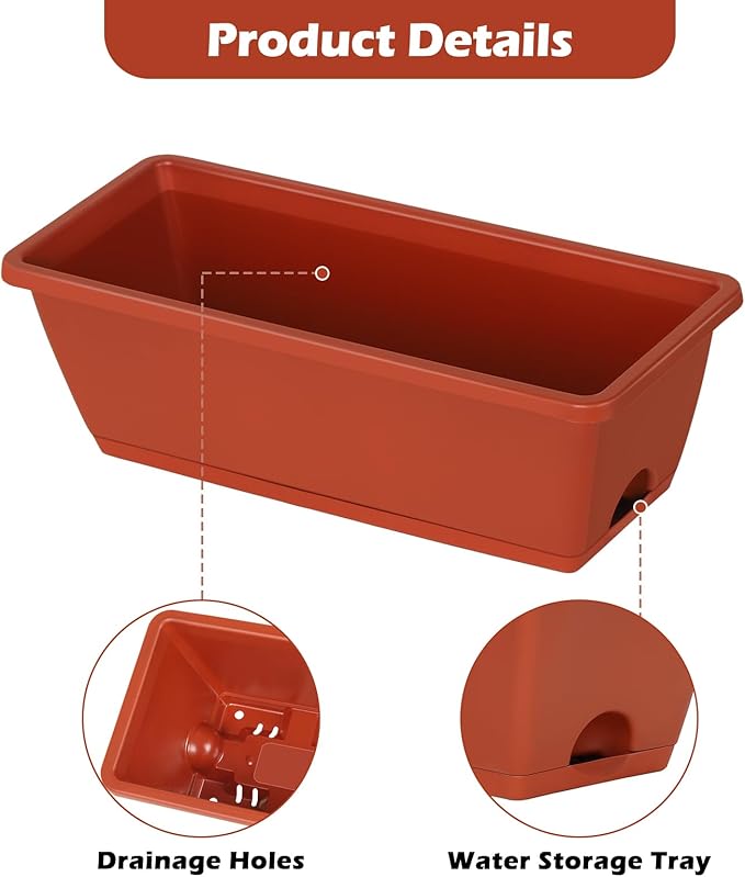 CADUKE Railing Planter Box 16.9 Inches Fence Hanging Planters with Adjustable Brackets Red Deck Railing Planter Boxes Plastic Outdoor Balcony Railing Window Boxes Planters Hanging Flower Box