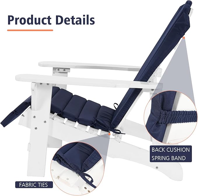 Adirondack Chair Cushion Set of 2 Indoor Outdoor Furniture Cushions Rocking Chair Cushions with Straps Replacement Folding Patio Chair Pad All-Weather Patio Chair seat Cushion（Navy）