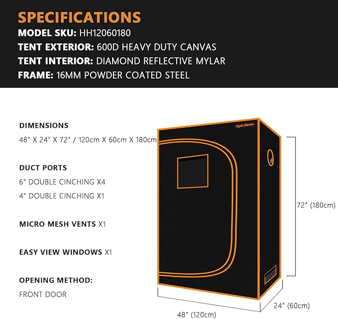 4x2 Grow Tent Kit (48"x24"x71") - Heavy-Duty 600D Diamond Mylar Lining, 98% Reflective, Viewing Window & Waterproof Floor Tray for Hydroponics Indoor Growing