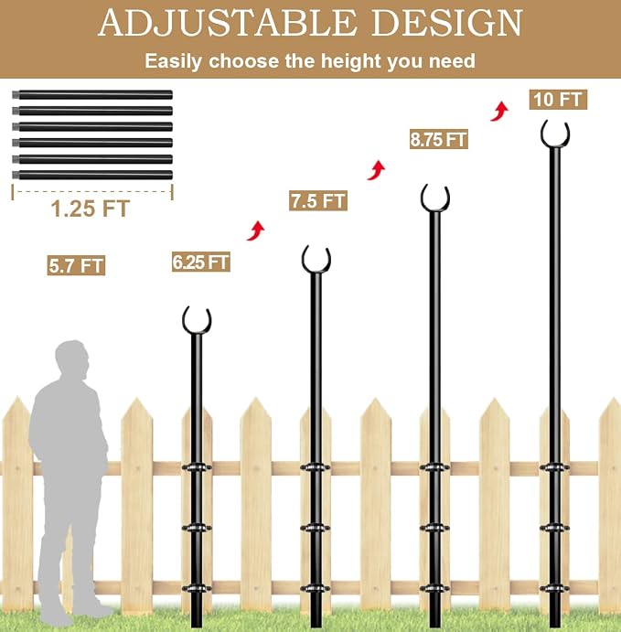 10ft String Light Poles for Outdoors, Outside Light Poles for Deck, Fence, Backyard, Patio, Outdoor Lighting, Matte Black, 2 Packs