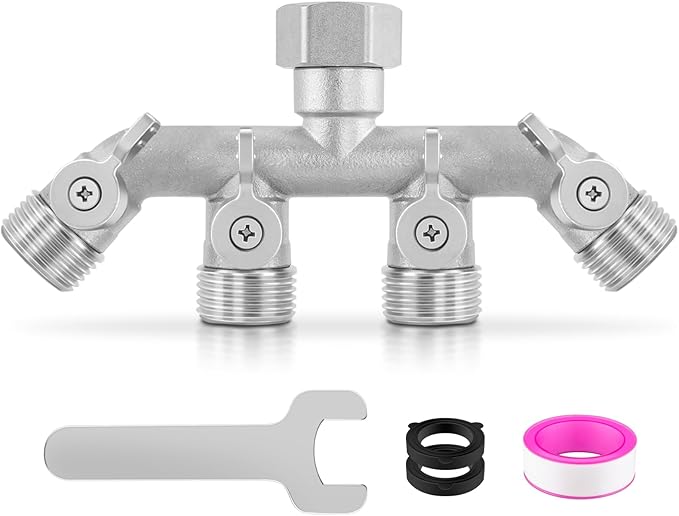 4 Way Garden Hose Splitter, 304 Stainless Steel Outdoor Faucet Splitter with 4 Individual Shut Off Valves, 3/4" GHT High Flow Hose Bib Spigot Connector