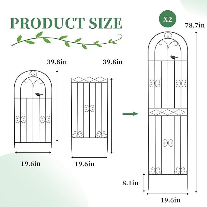2 Pack 78.7" x 19.6" Iron Arch Decoration Garden Trellis, Metal Climbing Plant Trellis for Heavy Vines, Roses, Flowers, and Vegetables, Perfect for Gardens, Lawns.