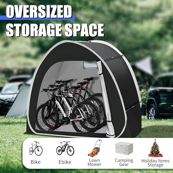 Outdoor Storage Shed Bike Tent with 210D Oxford Fabric PU4000 Waterproof Large Capacity for 3 Bikes, Garden Tools, Black