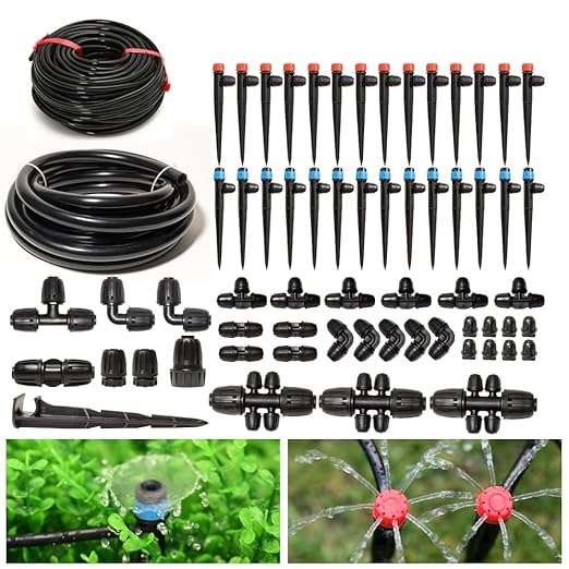 233FT Drip Irrigation System for Garden Kit with 1/2 Inch and 1/4 Inch Tubing Automatic Irrigation Equipment Locked Fittings Micro Drip 360 Degree Fan Sprayer Watering Kit for Greenhouse