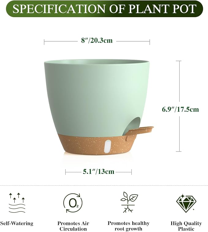 Self Watering Pots with Drainage Holes, 2 Pack 8 Inch Plant Pots with Water Level Indicator Deep Reservoir, Large Plastic Planter for Indoor Outdoor Plants - Green Brown