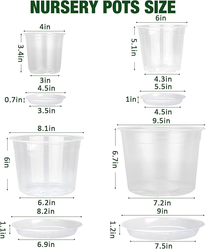 10/8/6/4 Inch Clear Nursery Pots with Drainage Holes and Saucers, 12 Pack Large Clear Pots for Plants Variety Pack, Plastic Nursery Pots for Succulents, Seedings, Herbs, Flowers, Vegetables