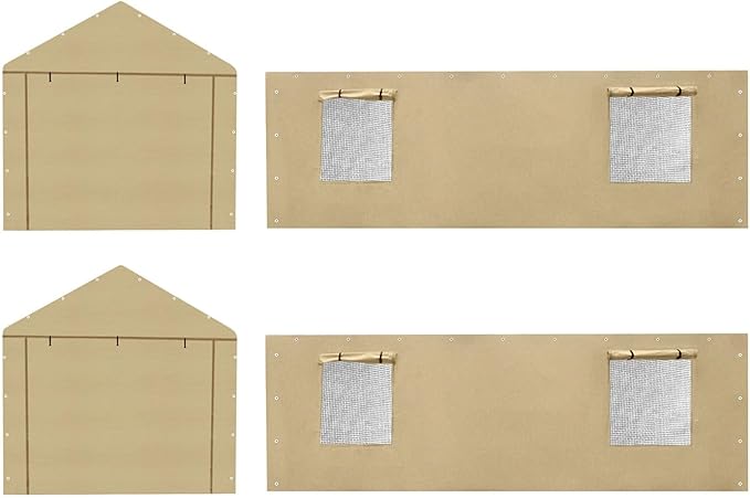 10 * 20 FT Carport Sidewall kit Panel Set of 4 with Mesh Windows and Double Head Zippers, 180G PE Waterproof & UV Protected Replacement Sidewall Cover, Beige