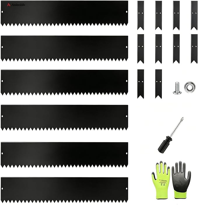 A ANLEOLIFE 20FT Galvanized Steel Landscape Edging, 6-Pack 40" L x 8" H Hammer-in Metal Garden Border with 10 Stakes for Lawn, Pathway, Flower Beds – Black