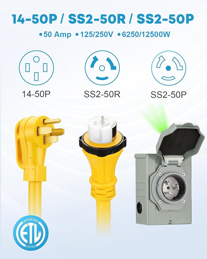 Kohree 50 Amp Generator Cord and Power Inlet Box Kit, 25FT NEMA 14-50P to SS2-50R Generator Extension Cord, 50Amp Pre-drilled Generator Inlet Box with Cable Waterproof Combo Kit, 125/250V, ETL Listed