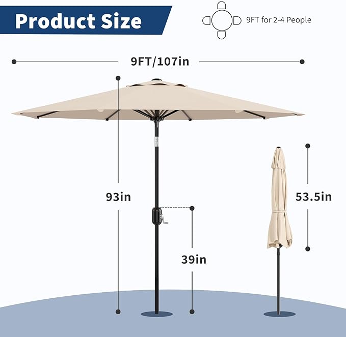 Garvee 9 ft Outdoor Patio Umbrella 8 Sturdy Ribs Outdoor Table Umbrella with Crank Lift & Push Button Tilt - UV Protection Waterproof Market Umbrellas for Pool, Deck, Yard, Garden, Light Beige