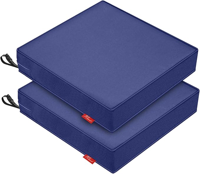 Patio Chair Cushions 24x24 Inch, Water Repellent Outdoor Seat Cushions with Adjustable Straps, Fade Resistant Replacement Cushions for Garden Deck Sofa Couch, Set of 2, Deep Blue