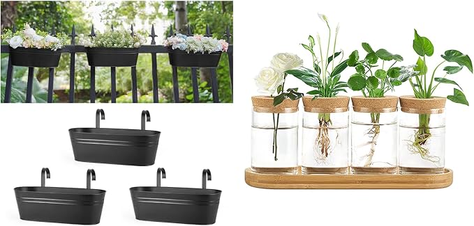 Dahey 3 Pcs Metal Hanging Flower Pots and 4 Pcs Plant Propagation Stations for Propagating Hydroponic Indoor Plants Centerpiece Tabletop Home Office Garden Yard Decor