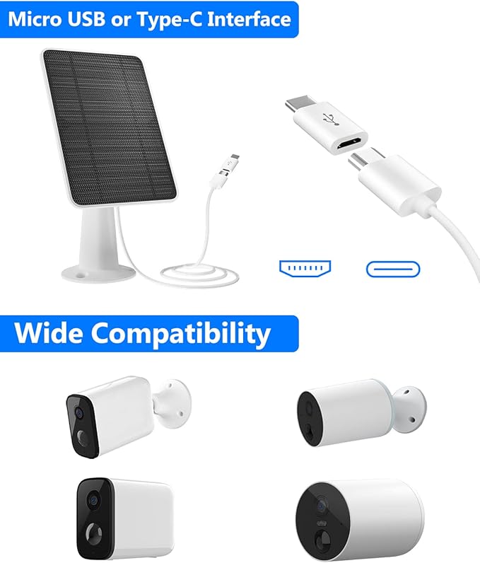 Solar Panel for Security Camera, 5W USB Solar Panel for DC 5V Security Camera, Micro USB & USB-C Port Solar Panel, IP65 Waterproof Solar Charger for Camera,360° Adjustable Mounting 13ft Cable, 1 Pack