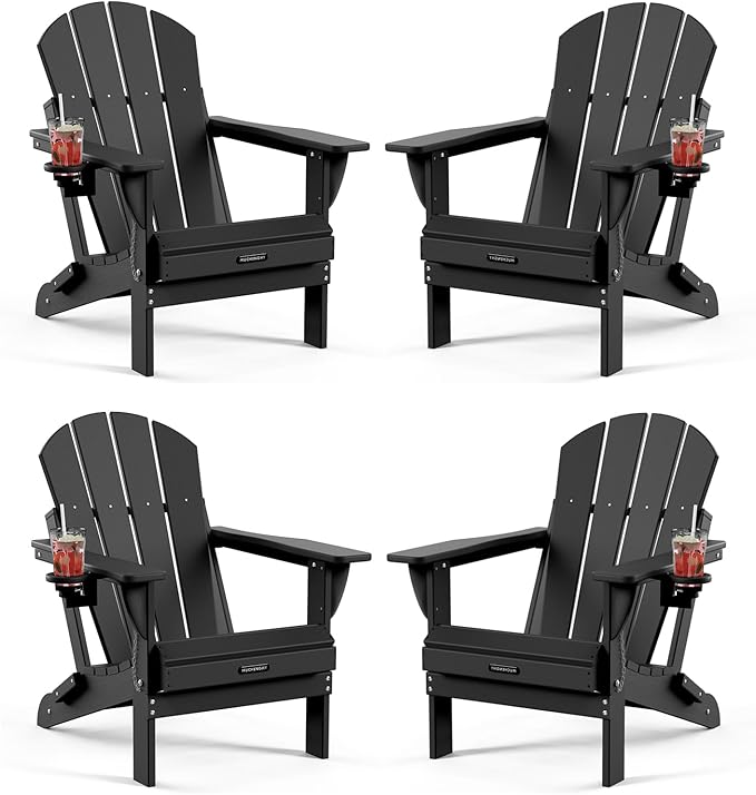 MUCHENGHY Folding Adirondack Chairs Set of 4, Hdpe Fire Pit Chairs, Outdoor Chairs, Plastic Adirondack Chairs, Lawn Chairs Weather Resistant with Cup Holder for Deck, Backyard, Garden(Black)