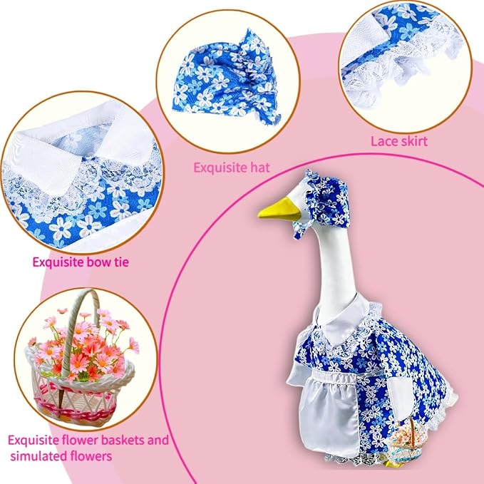 Spring Goose Outfit Flower Porch Goose Clothes for 23" Cement Statue Goose Costume with Daisy Skirt Outdoor Patio Yard Lawn Art Decoration(Blue)
