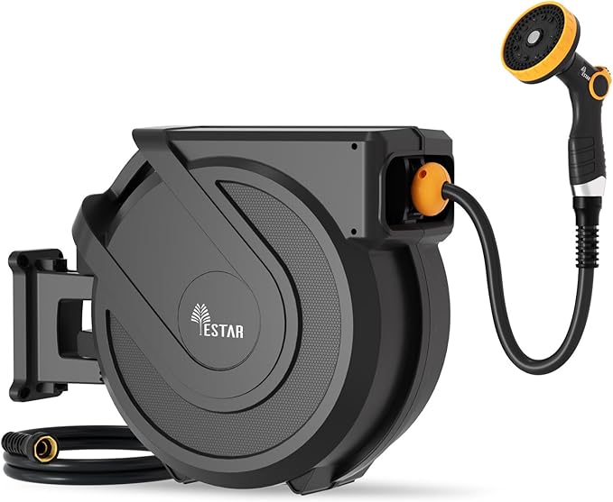Retractable Garden Hose Reel 1/2 in x65 ft, Heavy Duty Wall Mounted Hose Reel with 10- Function Sprayer Nozzle, Any Length Lock/Automatic Slow Return System,180° Swivel Bracket