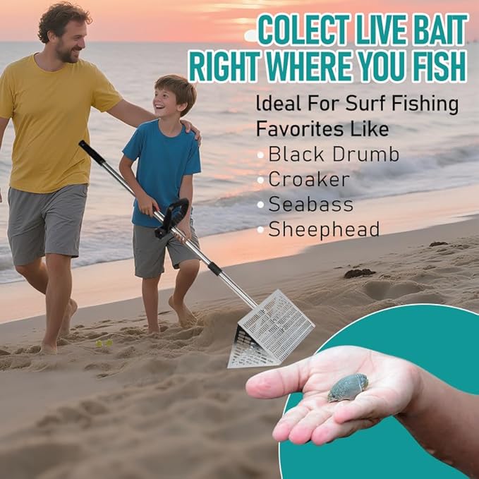 Sand Flea Rake, Sand Flea Rake Stainless Steel – 16" Wide Stainless Steel Sand Sifter for Shark Teeth, Shells & Sand Crabs, Collapsible Design with Drain Screen