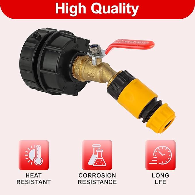 275-330 Gallon IBC Tote Hose Adapter,3-Size IBC Tote Adapter, 2.44" Fine、2 "Fine, and 2" Coarse Thread,3/4" Male NPT Inlet ×3/4" Male GHT Brass Hose Faucet Garden Hose Connector （Red handle）