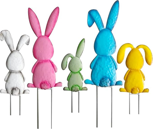 5 Pack Multicolored Easter Bunny Signs with Stakes, Metal Standing Rabbit Yard Signs for Garden Decor, Cute Bunny Tail Ornaments for Home Front Door Lawn Decorations