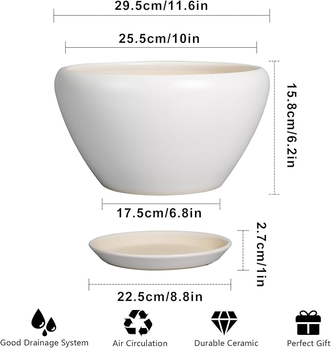 Ceramicfor Ceramic Planter for Indoor Plants - 11 Inch Plant Pot with Drainage Hole and Saucer Decorative Round Large Planter Pot for Plants Outdoor Flower Pot for Garden White