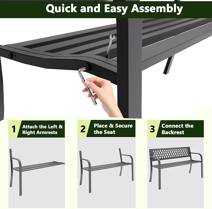 Outdoor Bench 2 Pack, 47" Garden Bench with Plastic Backrest | 2-Person Outdoor Seating Park Bench for Porch, Patio, Lawn, Deck and Entryway, Black