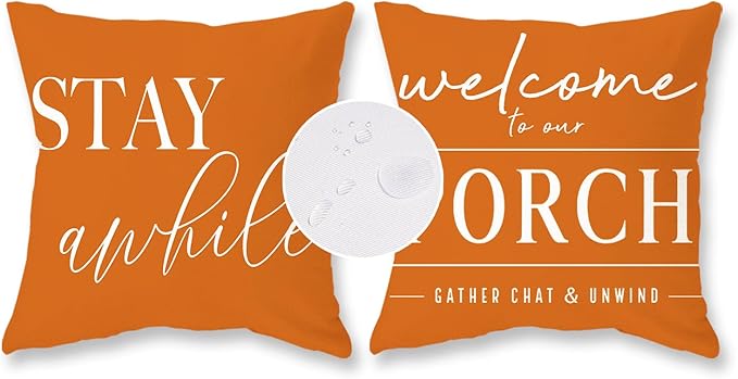 TAJWE Outdoor Pillow Covers Waterproof 18x18 Set of 2 Orange Decorative Fall Autumn Thanksgiving Pillowcases Welcome to Our Porch Stay Awhile Cushion Cases for Patio Furniture Sofa Couch Decor