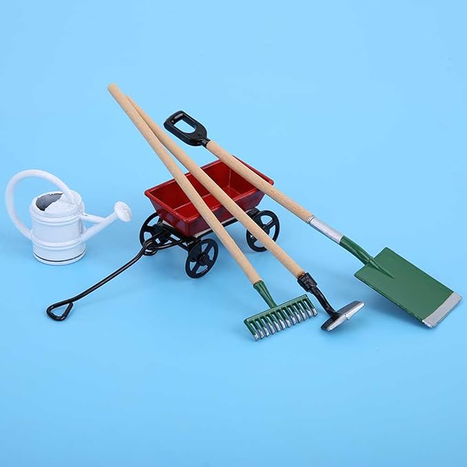 Miniature Garden Tools, 5 Pcs of Garden Scene Model Mini Garden Tools, Doll House 1/12 Scale Accessories, Spade Pestle Rake Cart and Kettle for Doll House Garden Decor Accessories
