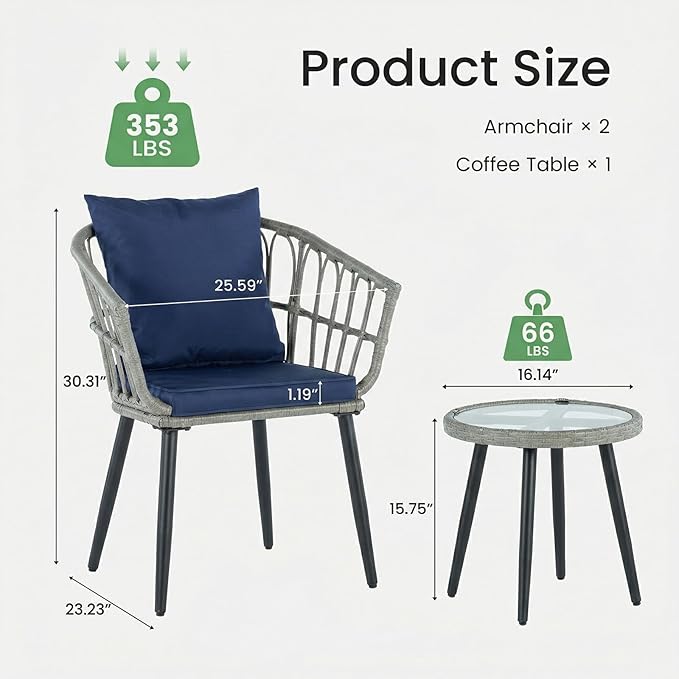 DUMOS 3 Pieces Outdoor Bistro Set, All-Weather PE Rattan Patio Furniture Set with Cushions, Steel Frame Table and Chairs for Balcony, Apartment, Porch, Grey