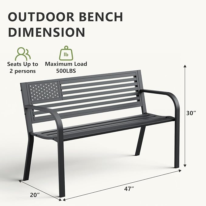 Outdoor Bench, Sturdy Metal Garden Bench with Classic Stars and Stripes Design Metal Backrest, 2-Person Patio Bench for Outside Seating, Cast Iron Steel Porch Yard Lawn Furniture, Black