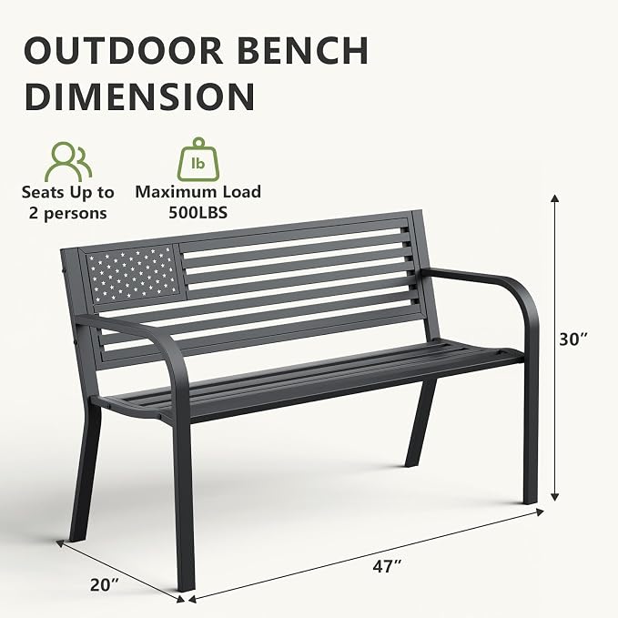 Outdoor Garden Bench with Classic Stars and Stripes Metal Backrest 2 Pack, Metal Bench, 2-Person Patio Bench for Outside Seating, Cast Iron Steel Porch Yard Lawn Furniture, Black