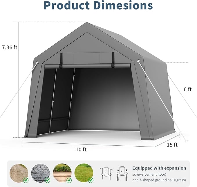 Portable Carport Storage Shed, 10' x 15' Motorcycle Tent, Waterproof & UV-Resistant with Roll-Up Zipper Doors, Gray Outdoor Shelter for Bikes, Tools & Equipment
