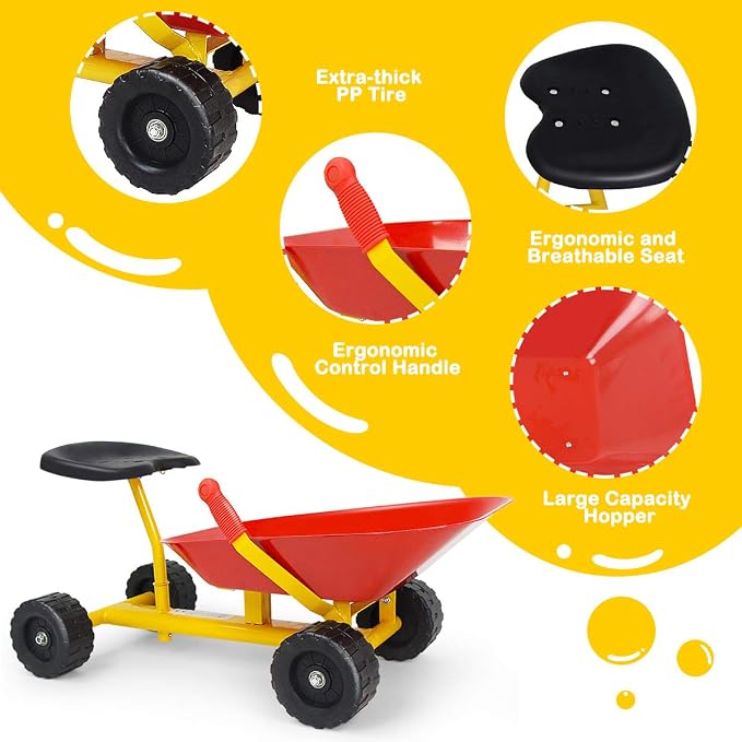 HONEY JOY Ride On Sand Dumper for Kids, Outdoor Garden Dump Cart Wheelbarrow w/8 Inch Wheels, Heavy Duty Steel Sit On Pulling Wagon Play Toy for Boys Girls