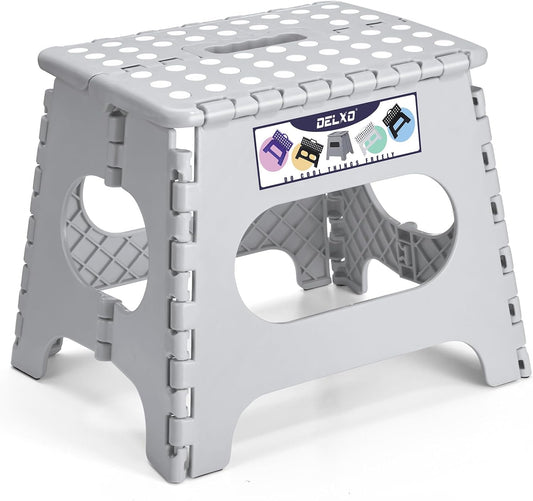 Delxo Folding Step Stool, 11 inch Non-Slip Foldable Stools for Kids & Adults Up to 300 LBS, Step Stool with Handle, Lightweight for Kitchen, Bathroom, Bedroom, Garden, Grey, 1PC