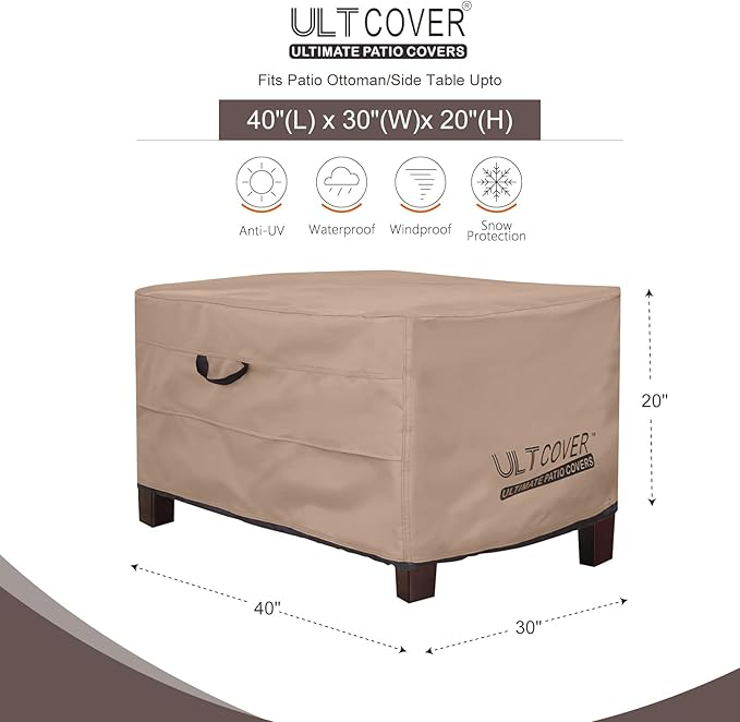 ULTCOVER Waterproof Patio Ottoman Cover Rectangular Outdoor Side Table Furniture Covers Size 40L x 30W x 20H inch