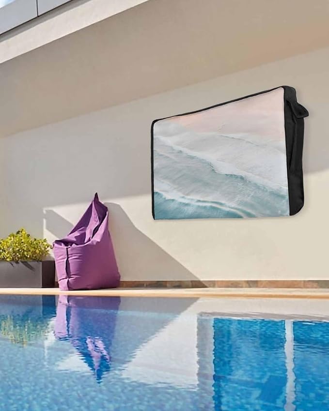 Summer Beach Outdoor TV Cover 40 to 43 Inches Weatherproof & Waterproof, Ocean Coastal Outdoor TV Enclosure with Remote Control Pocket, Seaside Nautical Aqua Beige TV Screen Protectors for Outside TV