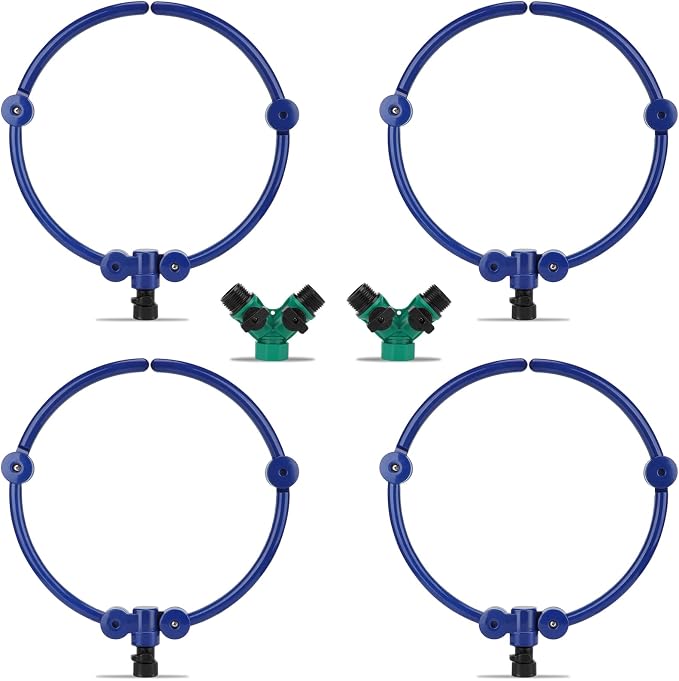 4 Pcs 360° Tree Water System Tree Root Watering Ring 13 Inch Circle Sprinkler Irrigation Slow Release Targeted Water with Y Hose Splitter for New Tree Outdoor Plants Raised Garden Beds (Blue, Small)