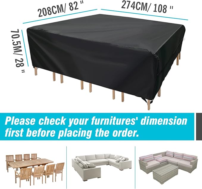 Velway Patio Furniture Cover Outdoor Waterproof Rectangular Patio Table Chair Sofa Set Cover, 108" Lx82 Wx28 H, All Weather Oxford Tear-Resistant Material with Zipper Carrying Bag Windproof Buckles