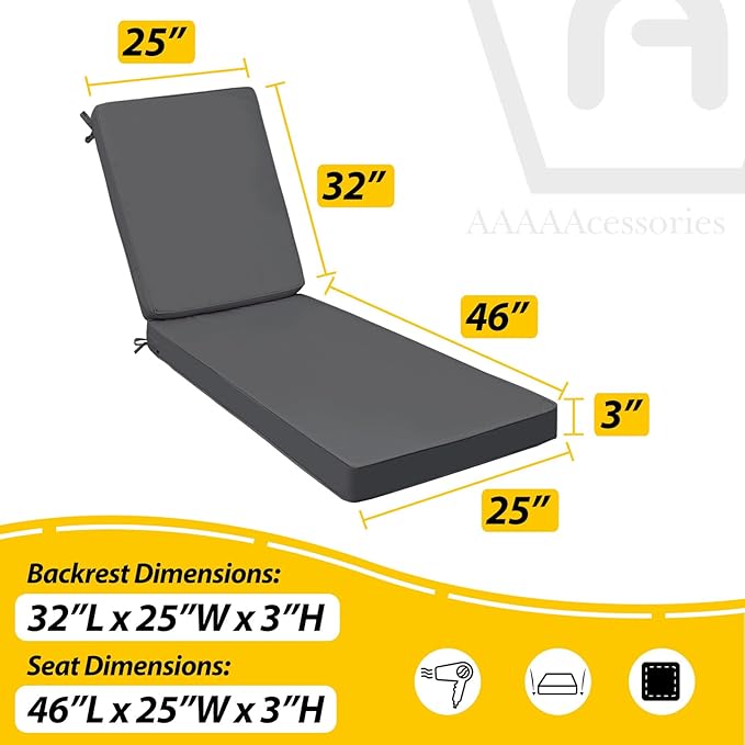 AAAAAcessories Outdoor Chaise Lounge Cushions, Fade-Resistant, Waterproof Patio Furniture Replacement Cushions, 78" x 25" x 3", Set of 2, Dark Gray