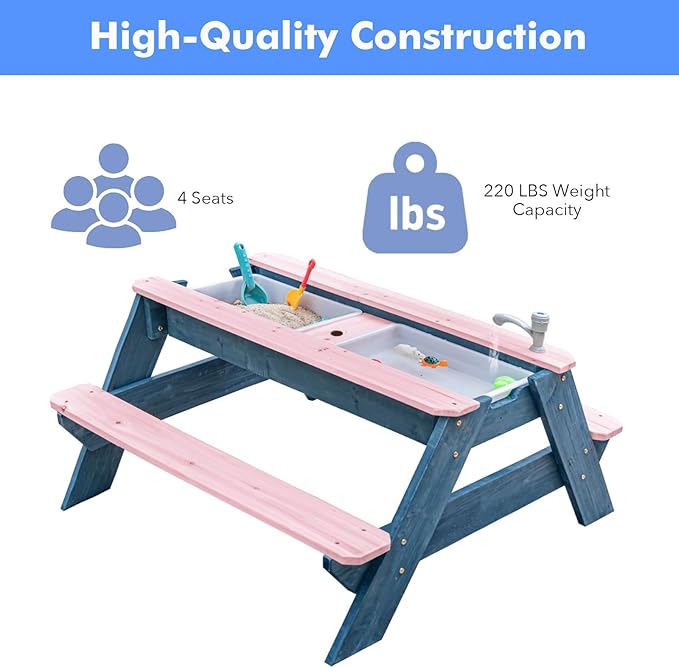 Kids 3-in-1 Sand & Water Table, Wood Outdoor Convertible Picnic Table w/Umbrella, 2 Trays, Removable Top with Faucet, Picnic Table for Outdoor Playset (Pink/Orange)
