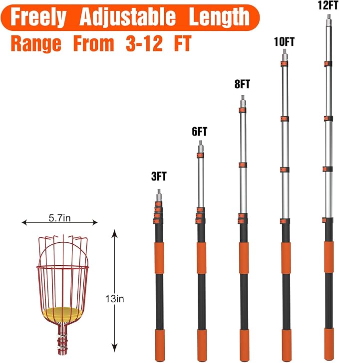 LAANPOLE 20FT Reach Fruit Picker Pole with Basket Telescoping, Apple Picker with 3-12FT Telescoping Pole for Apple Orange Lemon Mango Avocado Guava Fruit Picking