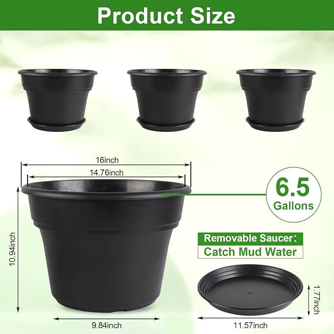 Myfeegoin 16-inch-Plant-Pots, 4 Pack Large Planters for Outdoor Plants, Plastic Flower Pots Indoor with Drainage Holes & Trays, Classic Garden Pot Container for House