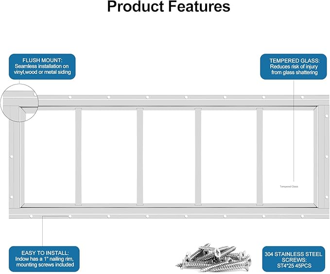 2 Pack Shed Window 10" W x 29" H, White Flush Mount Window with Tempered Glass for Playhouses, Sheds, Garage and Chicken Coops