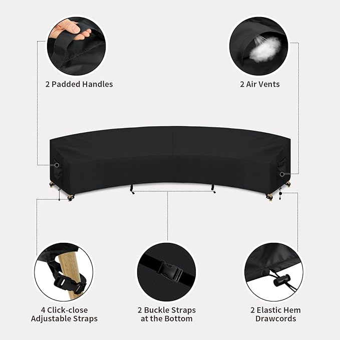 PureFit Outdoor Sectional Sofa Cover Waterproof Curved Patio Furniture Covers for Deck, Lawn and Backyard, 190Lx36Dx39Hx128FL, Black